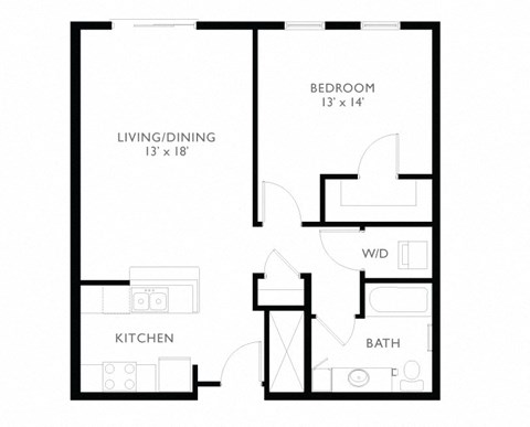 Floor plan for 1 bed, 1 bath, 775 sqft